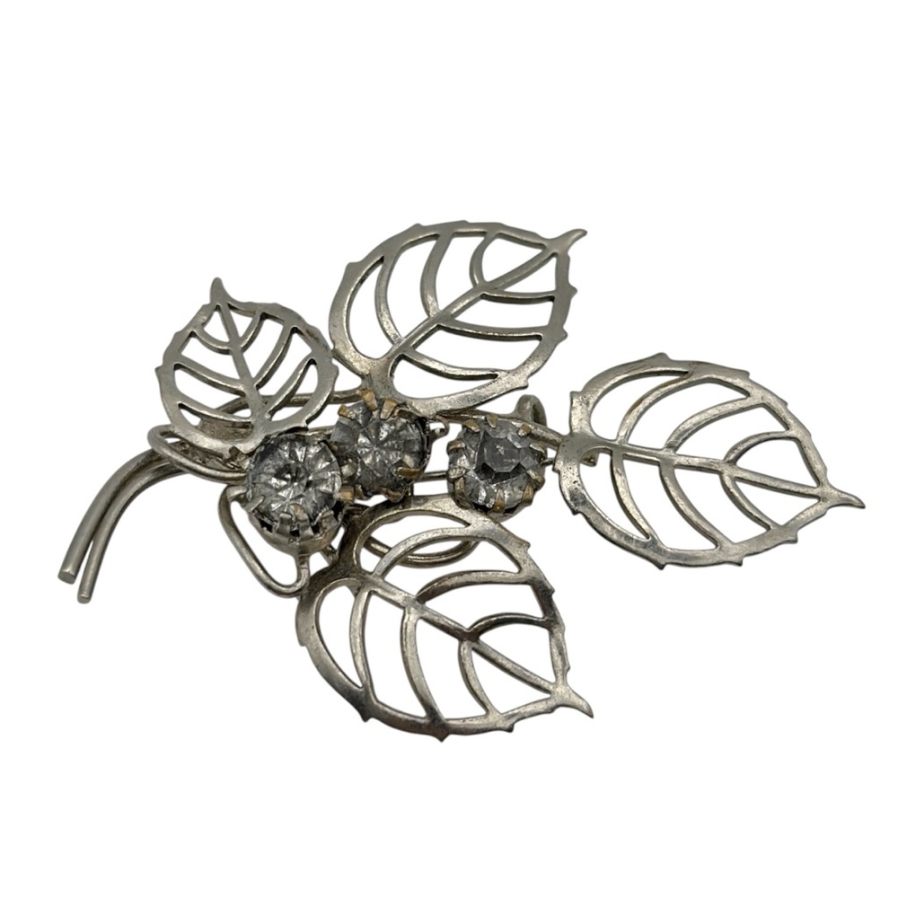 VTG Czechoslovakia Rhinestone Floral Leaf Brooch Czech Glass Art Deco Jewelry
